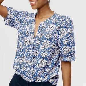 J Crew women’s blue floral print puff sleeve linen blend blouse shirt top MEDIUM